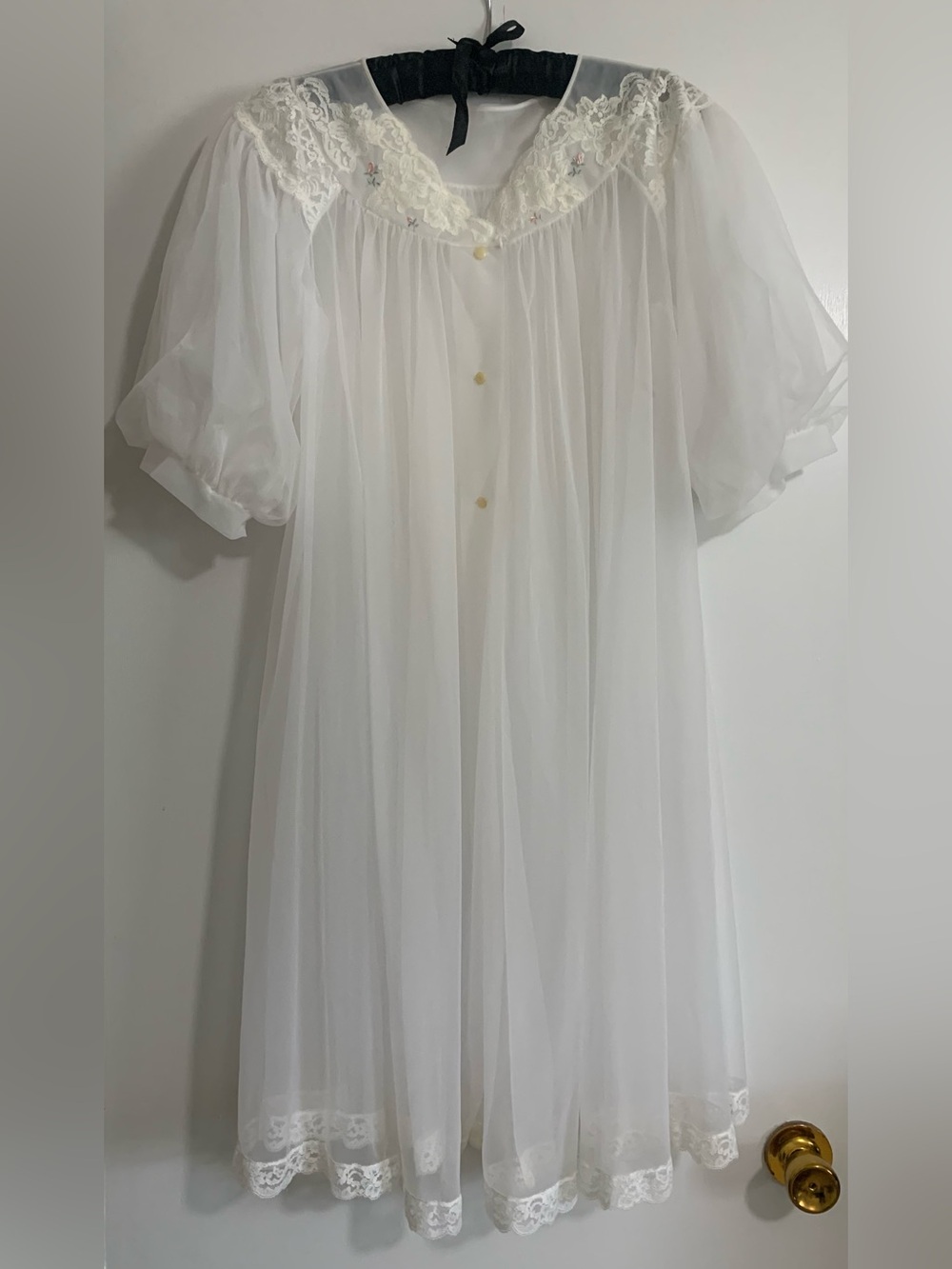 VTG 1960s Shadowline White Chiffon Peignoir Robe M Sheer Nylon Bridal Coquette